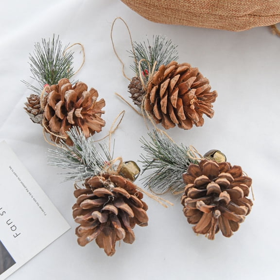 Pinecone Adornments Set of 4, Rural Winter Shrub Decorations with Hanging Rope, Fall Wreath Thanksgiving Accents for Wreath, Festive Home Ornament