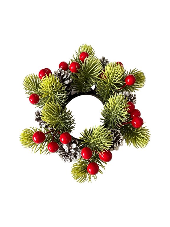 Pinecone Berry Candle Ring, 7.87 in, Seasonal Decoration for Christmas Tree, Door, Mantel and Holiday Party
