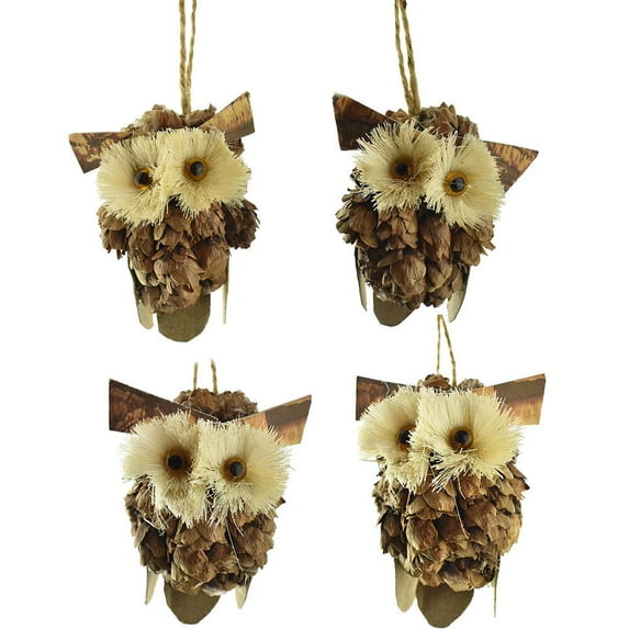 Pinecone Buri Owl Ornaments with Twine Hanger, 3-Inch, 4-Piece