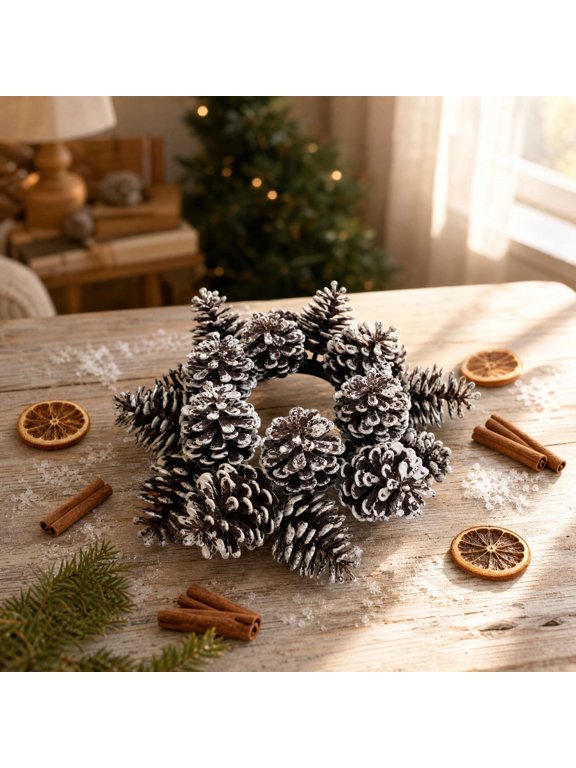Pinecone Candle Ring Wreath Frosted Pine Cone Arrangement For Table Centerpiece Holiday Decor