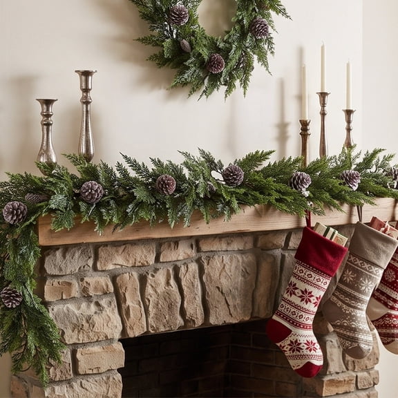 Pinecone Christmas Garland, Evergreen Foliage Accented with Pinecones for Fireplace Mantel and Doorway, 180 cm