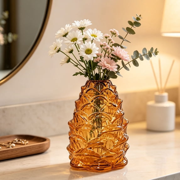 Pinecone Glass Vase Tabletop Decor 5.47in Textured Clear Colored Glass Flower Vase for Holiday Mantel Shelf Elegant Winter Home Accent Gift Idea