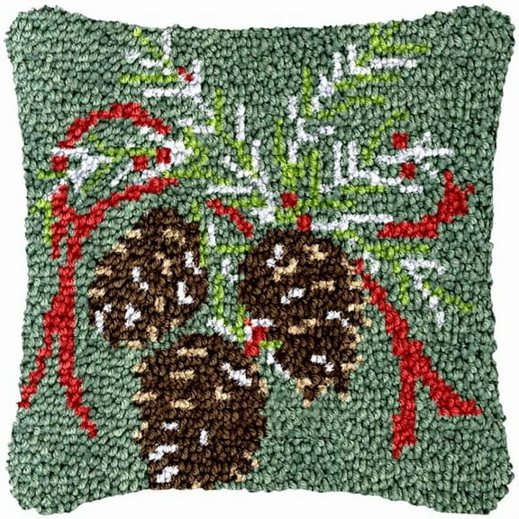 Pinecone & Leaf Latch Hook Kits Pillow DIY Rug Crochet Hook Cushion Making Kits with Preprinted Pattern Canvas Instruction Yarns and Latch Hooking Pillow Cover Easy to Starter DIY Kits 43x43cm