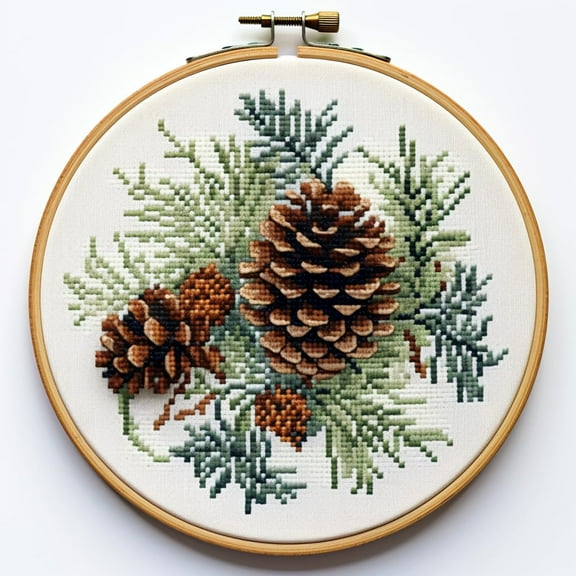 Pinecone and Leaves Stamped Cross Stitch Kits for Beginners Easy with Hoop 11CT Needlepoint Embroidery DIY Counted Cross Stitch Kits Art Craft Wall Decoration 35x35cm(2)