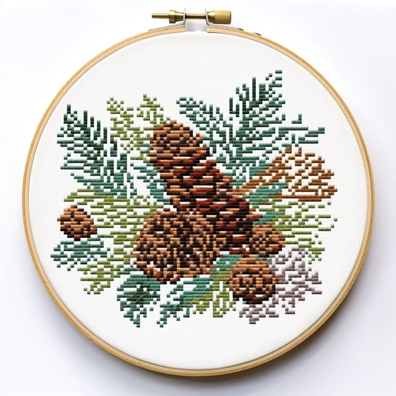 Pinecone and Leaves Stamped Cross Stitch Kits for Beginners Easy with Hoop 11CT Needlepoint Embroidery DIY Counted Cross Stitch Kits Art Craft Wall Decoration 35x35cm(3)