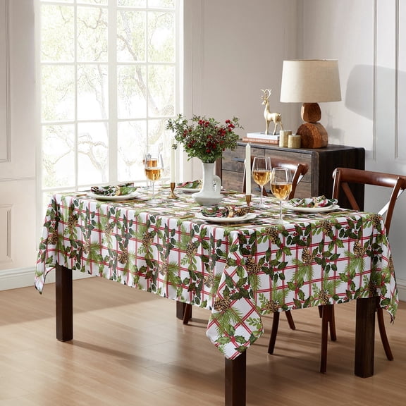 Threadmade Pinecone Plaid Holiday Fabric Tablecloth, Multicolor - 52"W x 70"L