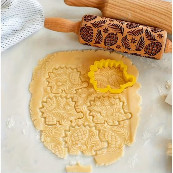 Pinecone Printing Embossing Rolling Pin - Laser Engraved Biscuit Decorating Roller for Christmas Gifts