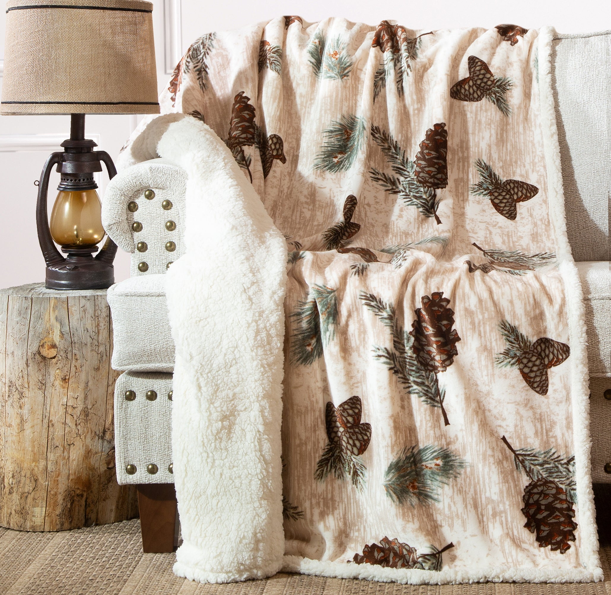 Rustic Pinecone Sherpa Fleece Reversible Throw Blanket 54" x 68"