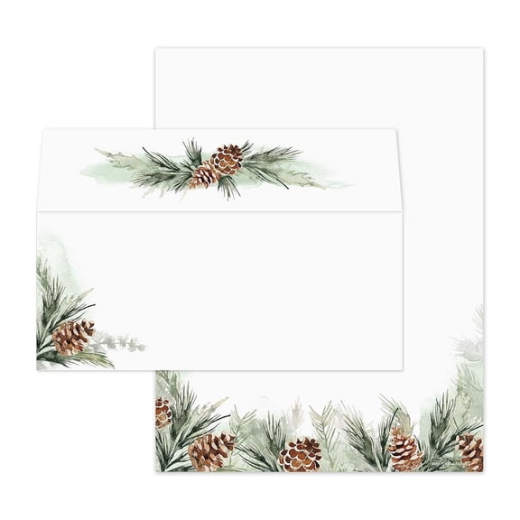 Pinecone And Sprig Holiday Letterhead With Envelopes / 40 Decorative Classic Christmas Tree Paper Sheets With Matching Envelopes / 8.5" x 11" Watercolor Winter Evergreen Greenery Pine Cone Stationery