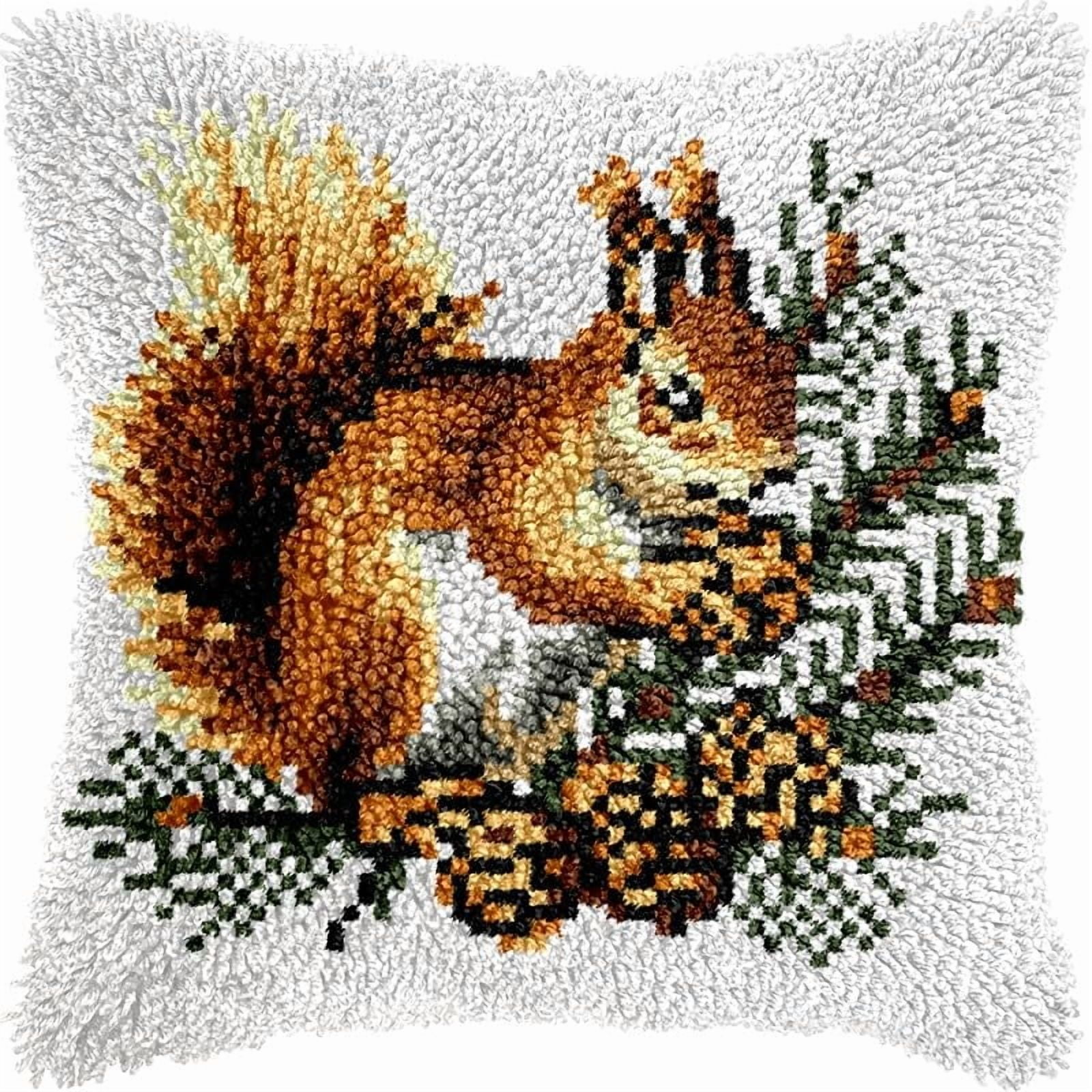 Pinecone Squirrel Latch Hook Pillow Kits Pillow Cover Pattern Printed Canvas Crochet Cross Stich Hooking Pillowcase Cushion Crafts Embroidery Latch Hooking Crochet Kits Set 17x17 inch(115)
