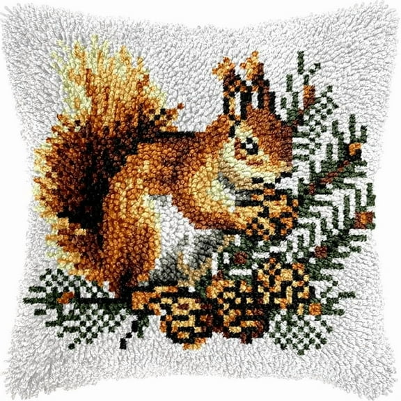 Pinecone Squirrel Latch Hook Pillow Kits Pillow Cover Pattern PrintedCanvas Crochet Cross Stich Hooking Pillowcase Cushion Crafts Embroidery Latch Hooking Crochet Kits Set 17x17 inch(115)