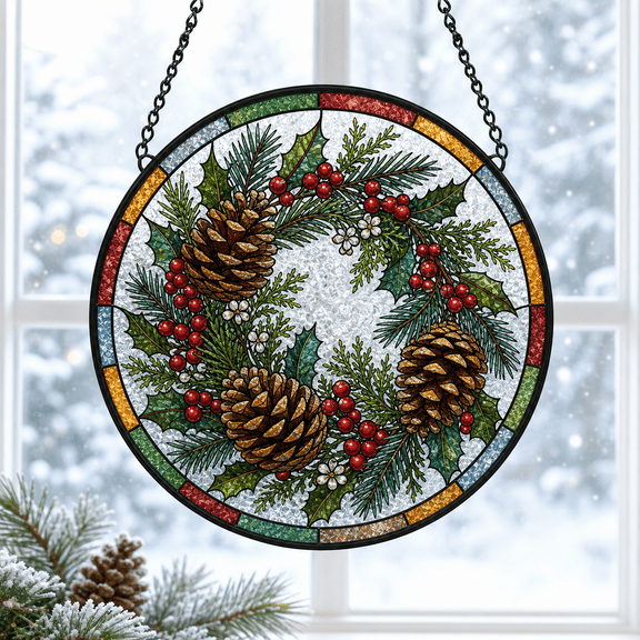 Pinecone Stained Glass Suncatcher, Berry Wreath Window Decor for Winter Gifts