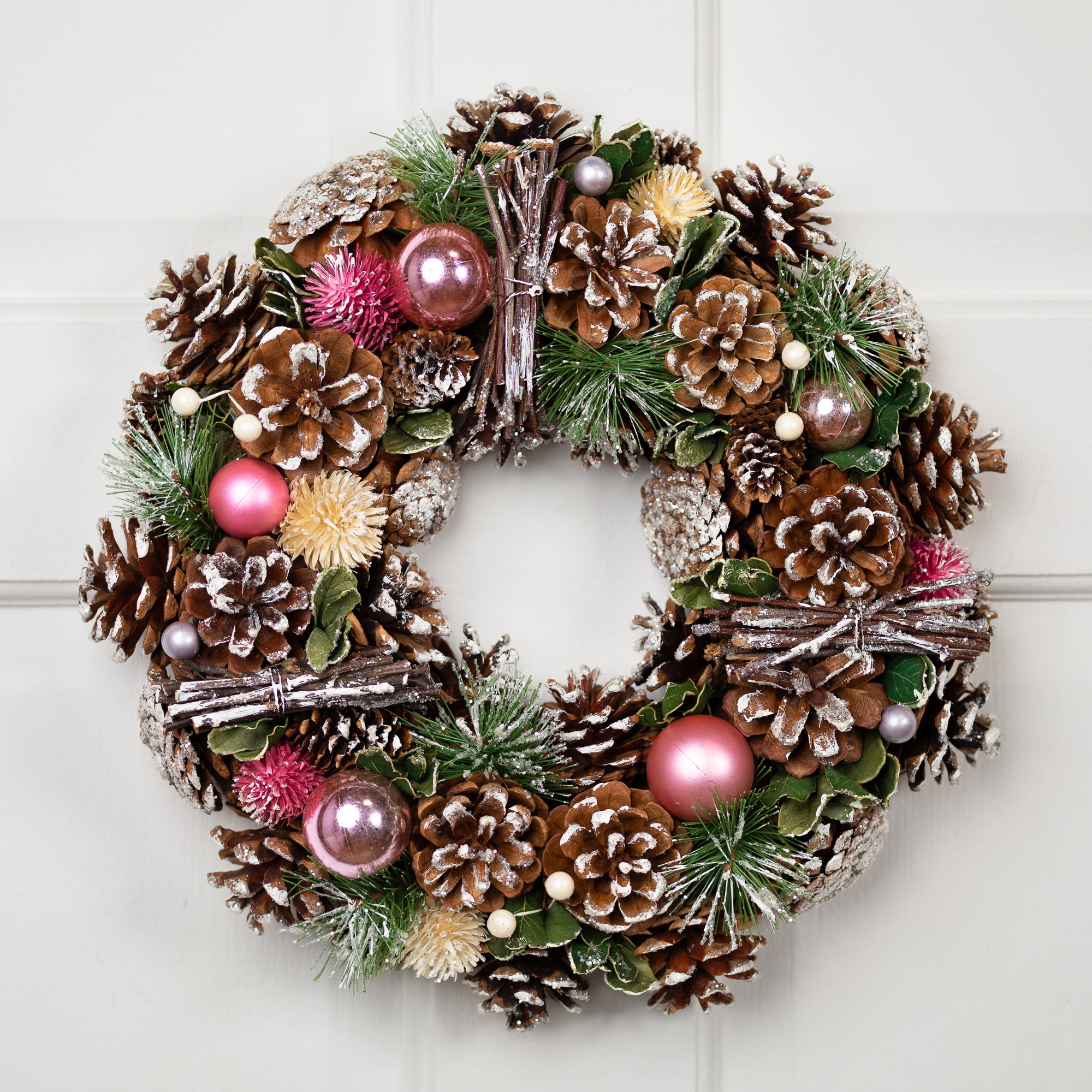 Pinecone Twig and Thistle Small Frosted Artificial Christmas Wreath - 13.5" - Unlit