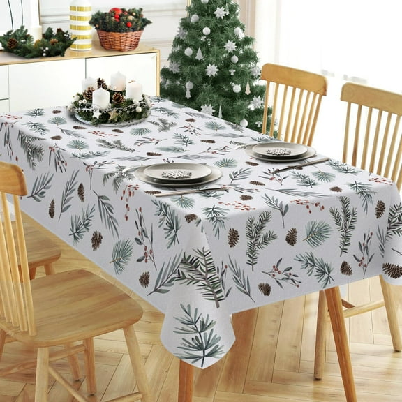 Pinecone Winter Tablecloth Rustic Christmas Branches Pinecones Rectangle Table Cloth Watercolor Botanical Plants Washable Table Decor with Wavy Edging Suitable for Party Dinner 140*200cm