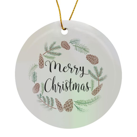 3drose, Pinecones and Pine Leaves Wreath with Merry Christmas Illustration, Circle Porcelain Ornament