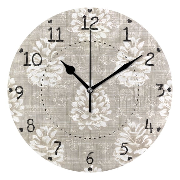 Pinecones Hand Painted Round Wall Clock Silent Analog Battery Operated Black Pointer Home Decor 9.84" Diameter