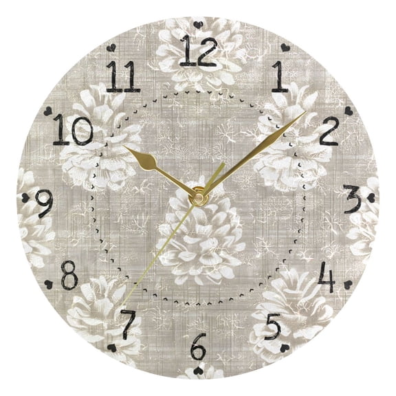 Pinecones Hand Painted Round Wall Clock Silent Analog Battery Operated Gold Pointer Home Decor 9.84" Diameter
