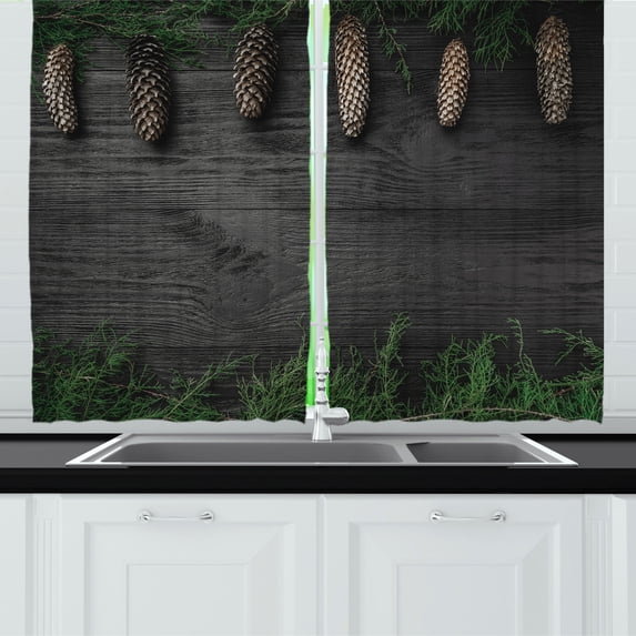 Pinecones Kitchen Curtains, Rustic Woodland Frame Look Christmas Design Spruce Branches New Year, Two Panels Drapes with Rod Pocket Room Decor, 55" X 45", Dark Sepia Evergreen, by Ambesonne