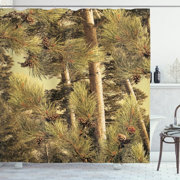 Pinecones Shower Curtain, Pinecones Tree Realtree Spring Summer Theme, Polyester Fabric Bathroom Decor Shower Curtain Set with Hooks, 69" W x 70" L, Pale Green, by Ambesonne