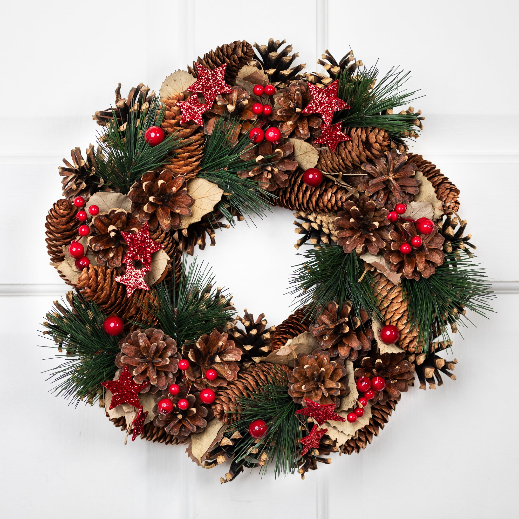 Pinecones and Glittered Stars Small Artificial Christmas Wreath - 13.5" - Unlit