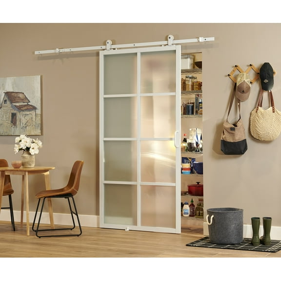 Pinecroft French Glass Barn Door Kit with White Frame and Frosted Glass 42" x 84"