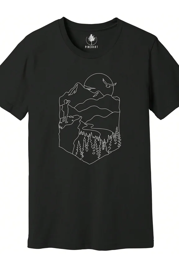 Pinehart Men's Mountain Hiker Graphic T-Shirt, Nature Landscape Line Art Short Sleeve Tee, Black