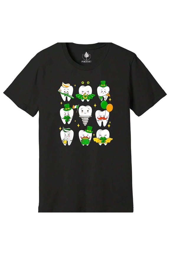 Pinehart St. Patrick's Day Dental Teeth Graphic T-Shirt, Lucky Dentist Hygienist Shamrock Tee, Unisex Black