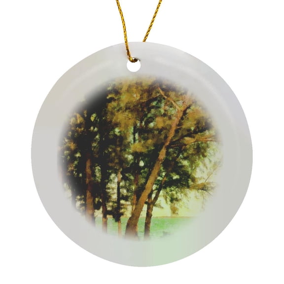3drose, Pines on the River, Circle Porcelain Ornament