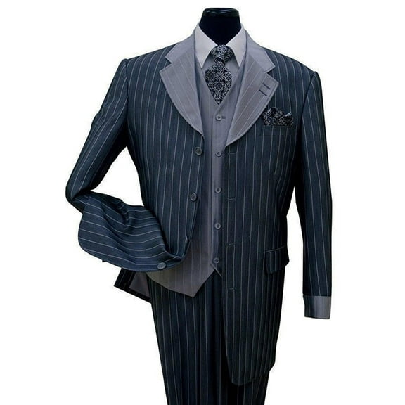 Pinestripe Fashion Suit with Contrast Collar, Cuffs & Vest