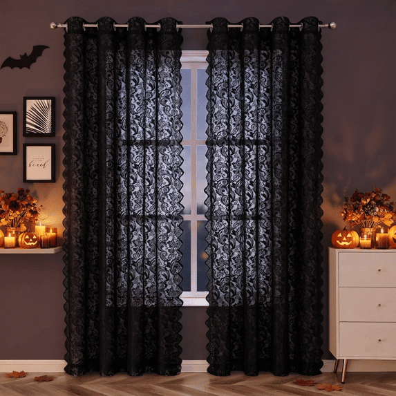 Pinewave Sheer Lace Vintage Floral Grommet Top Window Curtain, 2 Panels, Black, 54"W x 84"L