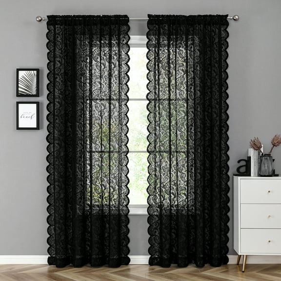 Pinewave Black Lace Sheer Curtains Vintage Floral Sheer Window Curtain Panels for Living Room Bedroom Luxury Light Filtering Drapes Treatment,Rod Pocket,54"Wx95"L,2 Panels