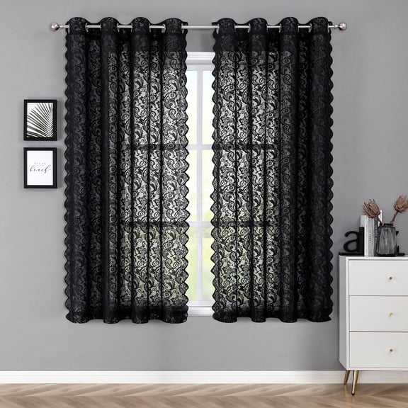 Pinewave Black Sheer Lace Curtains 63 inch Vintage Floral Sheer Window Curtain Panels Set of 2,Grommet Top,54" Wx63 L