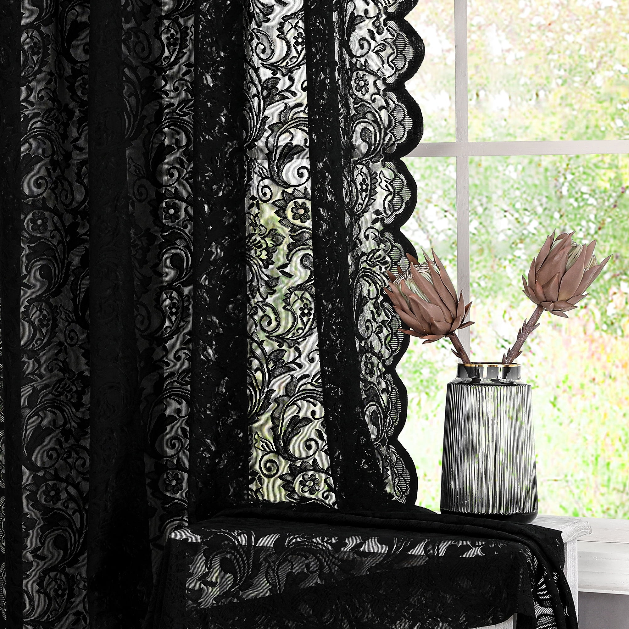 Pinewave Sheer Lace Vintage Floral Rod Pocket Window Curtain, 2 Panels, Black, 54"W x 84"L