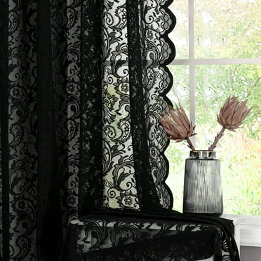Pinewave Black Sheer Lace Curtains Vintage Floral Window Curtain Panels for Living Room 84 inch,Rod Pocket,2 Panels