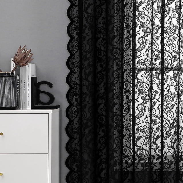 "Pinewave Black Sheer Lace, Bedroom Light Filtering Curtains with — free download