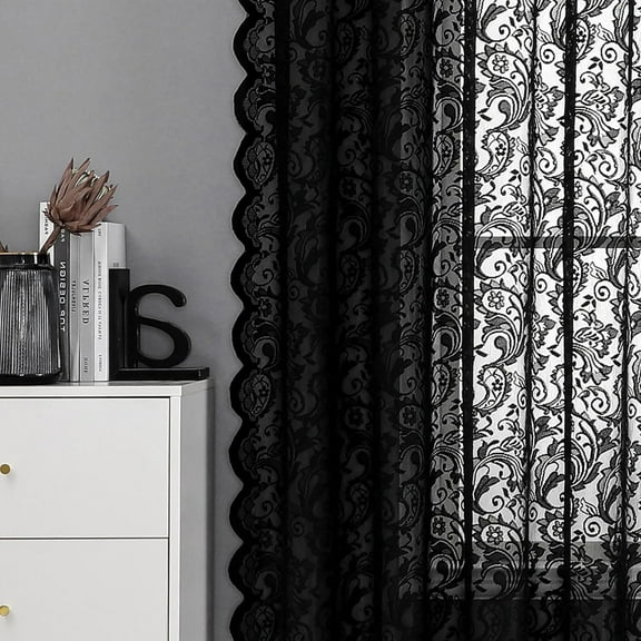 Pinewave Black Sheer Lace Curtains Vintage Floral Window Curtain Panels for Living Room Drapes Sets Rod Pocket,54"Wx63"L,2 Panels