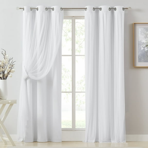 Pinewave Blackout Curtain with Sheer Mix and Match Double Layer Window Drapes Thermal Insulated Overlay  Grommet,37"Wx95"L,White