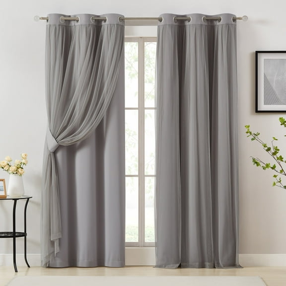 Pinewave Blackout Curtains with Sheer Overlay Mix and Match Double Layer 84 inch Grommet Thermal Insulated,Grey,2 Panels