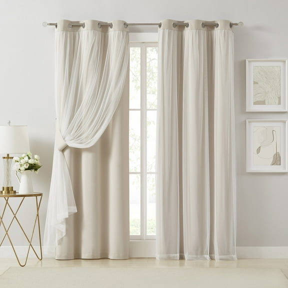 Pinewave Blackout Curtains with Sheer Overlay Mix and Match Double Layer,Grommet Top,37"Wx84"L,Beige,2 Panels