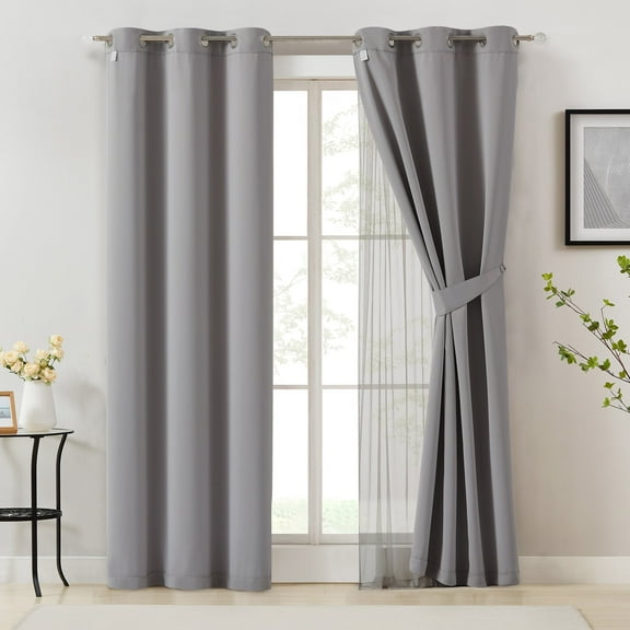Pinewave Blackout Curtains with Sheer Overlay Mix and Match Double Layer Window Drapes,Grommet Top,37"Wx95"L,Grey,2 Panels
