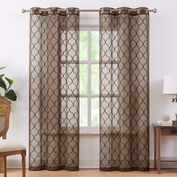 Pinewave Sheer Light Filtering Moroccan Geometric Grommet Curtain, Set of 2, Brown, 38"W x 63"L