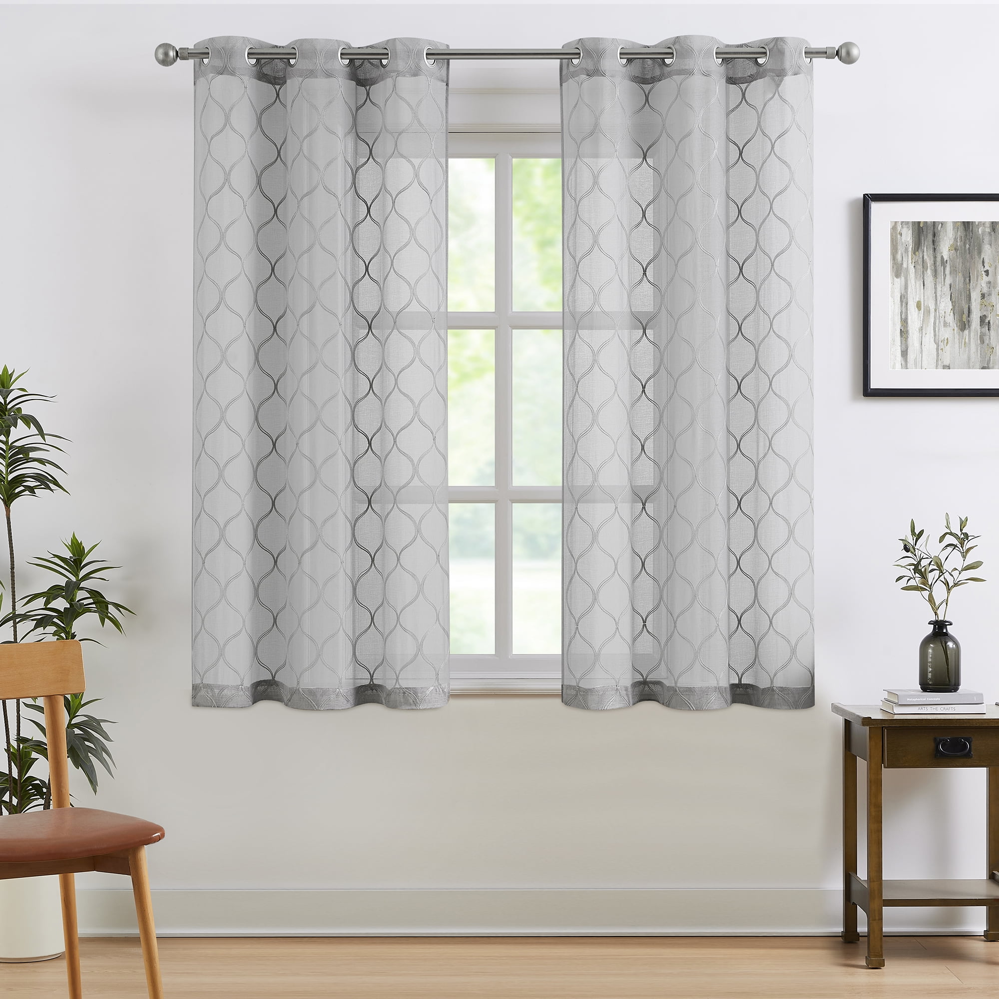 Pinewave Gray Sheer Curtains Geometric Embroidered Light