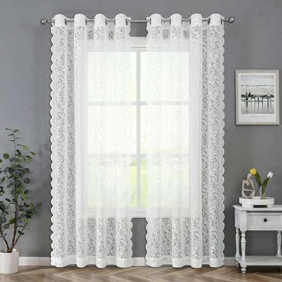 Pinewave Lace Curtains Floral Sheer Curtain for Bedroom Elegant Farmhouse Drapes Window Treatment Sets Grommet Top 2 Panels 54" Wx95 L,White