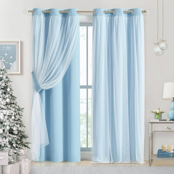 Pinewave Light Blue Blackout Curtains with Sheer Overlay Mix and Match Double Layer Thermal Insulated Window Panels 84 inch for Living Room Bedroom Grommet Top 37" Wx2 Drapes