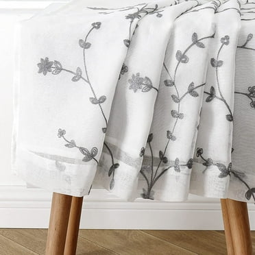 Pinewave Semi Sheer Gray Leaf Curtains Embroidery Floral White Drapes, 2 Panels