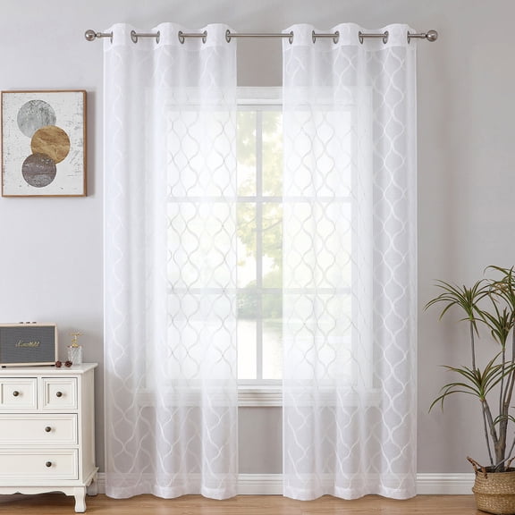 Pinewave Sheer Light Filtering Moroccan Geometric Grommet Curtain, Set of 2, White, 38"W x 84"L