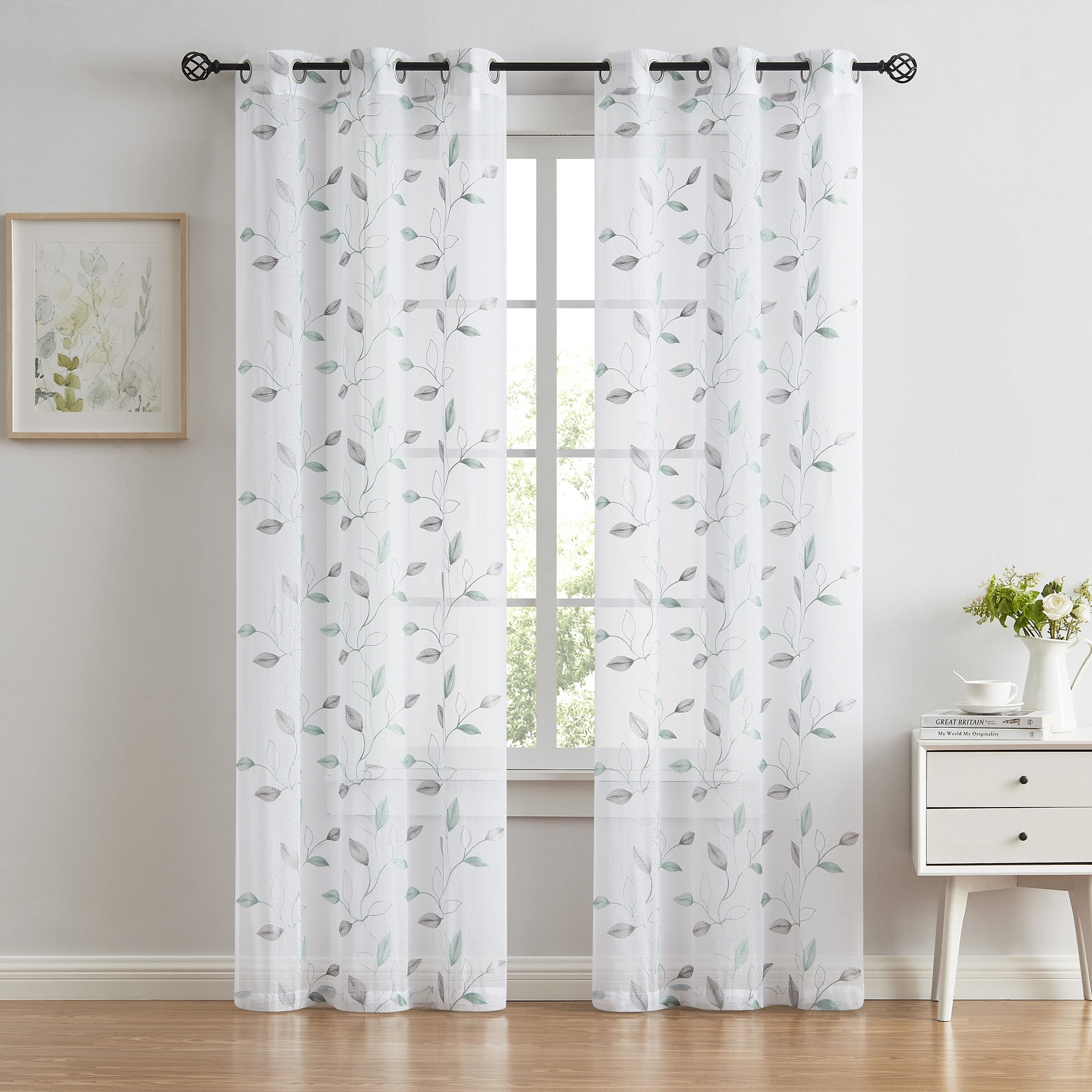 Pinewave Sheer Curtains 84 inch Gray and Teal Embroidered Floral leaf Drapes Set of 2 Grommet Curtains for Living Room 38" Wx84 L