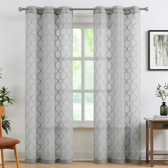 Pinewave Sheer Curtains 84 inch Modern Moroccan Embroidered Geometric Curtain Panels for Bedroom,Grommet Top,2 Panels,Grey