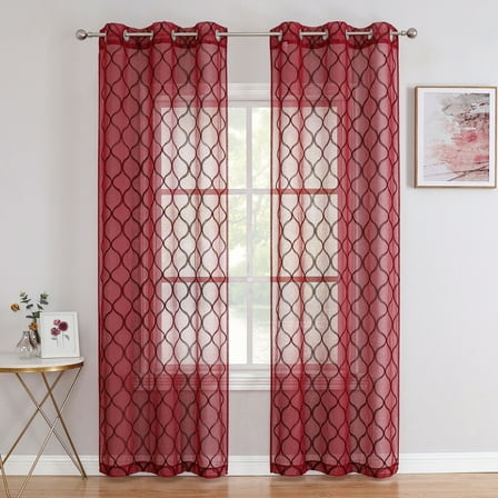 Pinewave Sheer Curtains 84 inch Set of 2 Geometric Embroidered Light Filtering Window Panels Moroccan Trellis,Grommet Top,Red