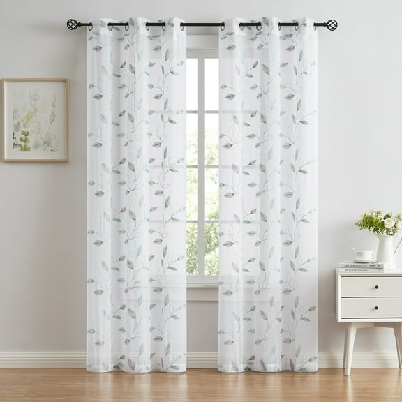 Pinewave Sheer Curtains for Living Room Embroidered Leaf Floral Farmhouse Light Filtering Window Panels Grommet Top 38"Wx63"Lx2,Grey